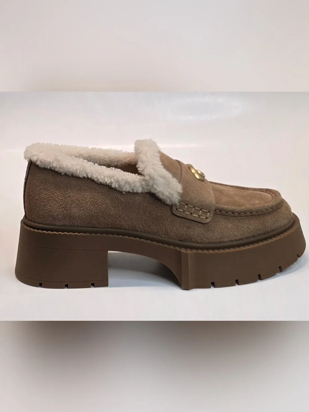New Coach Leah Platform Shearling Loafer Casual Shoes Suede Women's Size 8